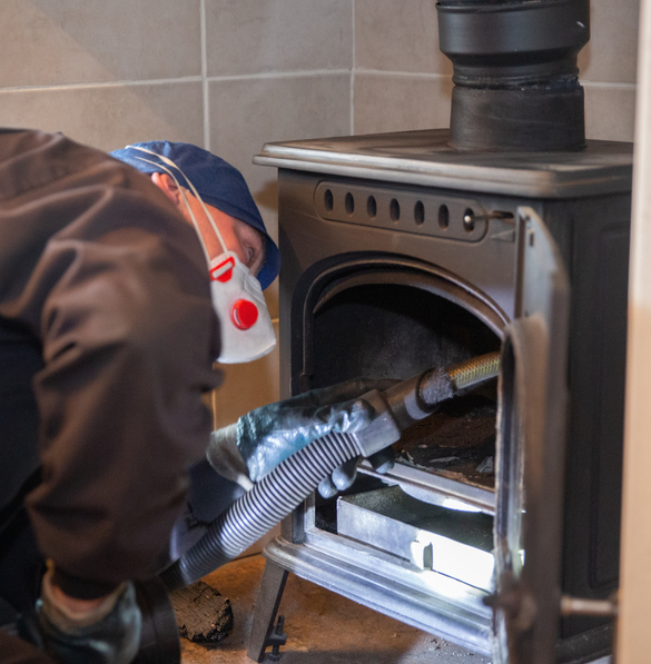 Chimney Sweep in front of a fire place cleaning a chimney